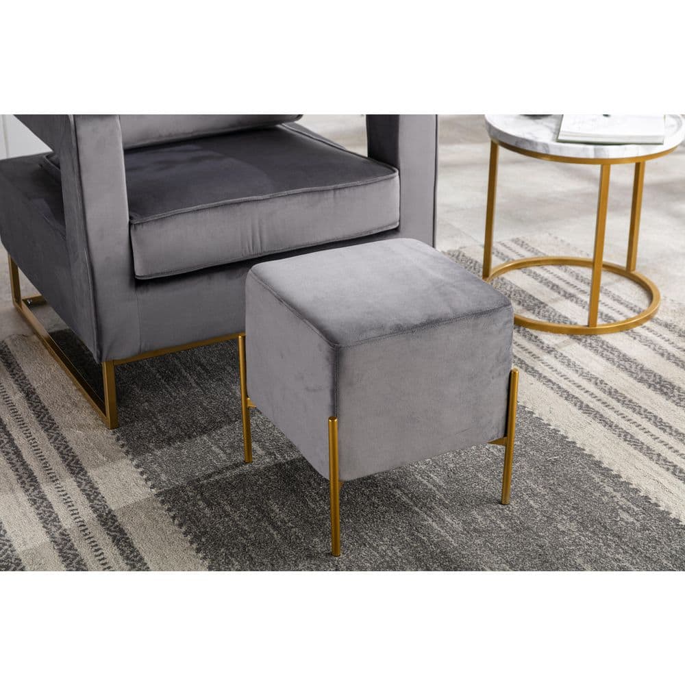 Ethan Contemporary Gray Velvet Accent Stool with Gold Finish Legs