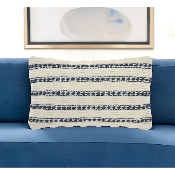HomeRoots Ivory, Blue Striped Polyester 12 in. x 20 in. Throw Pillow