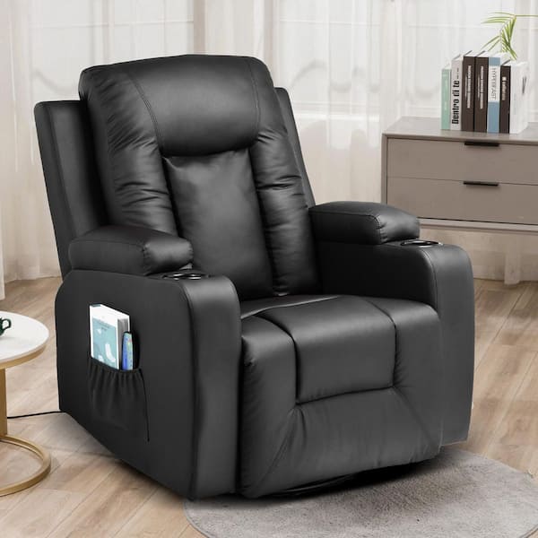 Black Recliner Chair Faux Leather Rocking Chair Swivel Recliner with Cup Holders, Heat and Massage Theater Seating