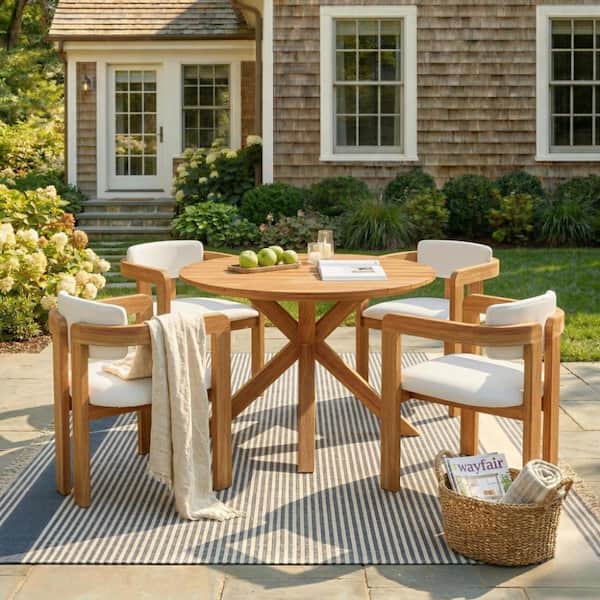 5-Piece Outdoor Acacia Wood Round Dining Set with 4 Barrel Chairs and Beige Cushioned Seats and Backs