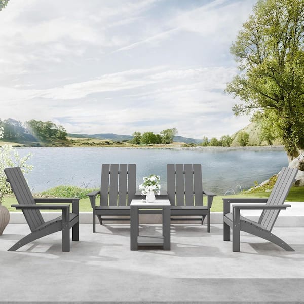 4-Seat Dual-Mode Gray Classic HDPE Poly Plastic Outdoor Adirondack Chair Set with 3 Chairs and 2 Side Tables, Patio.