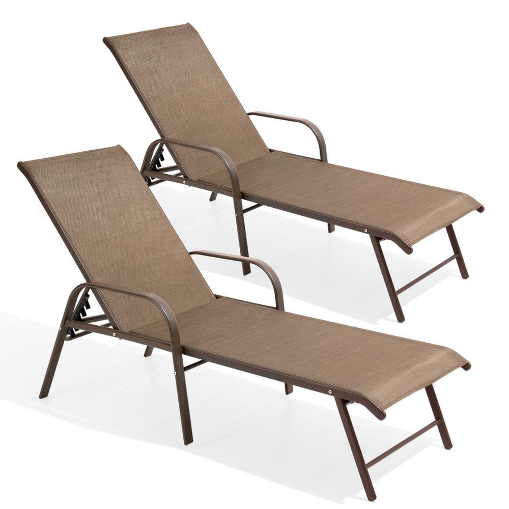 Brown Aluminum Adjustable Outdoor Chaise Lounge Set with Arms