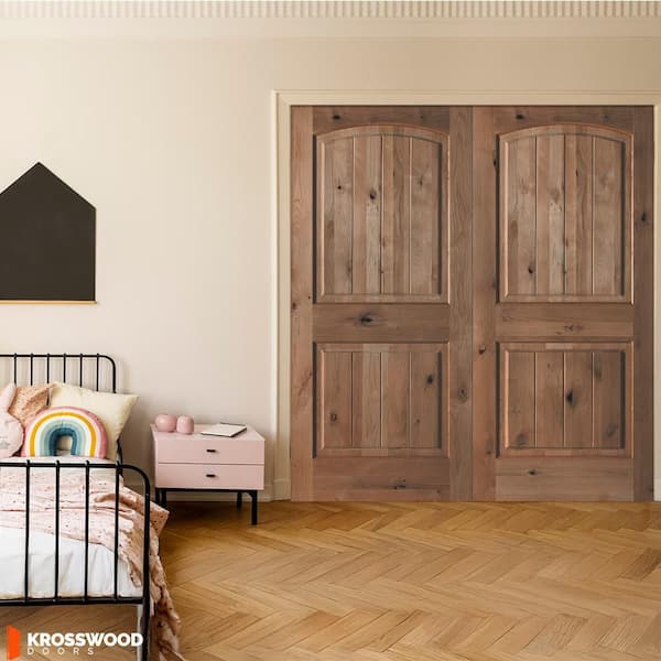 48 in. x 80 in. Rustic Knotty Alder Arch Top VG Both Active True Back Stain Wood Double Prehung Interior French Door