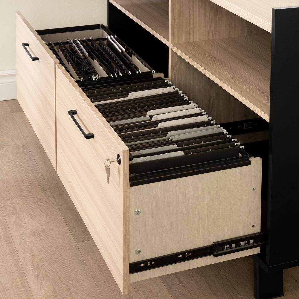 Soft Elm and Matte Black L-Shaped Computer Desk with Power Outlet