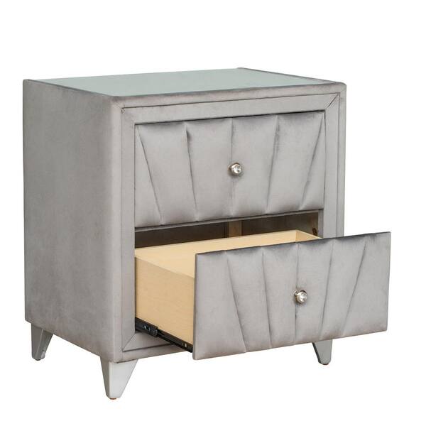 URTR 2-Drawer Gray Upholstered Nightstand with Glass Worktop, Wooden Bedside Table for Bedroom(25"L x 13.7"W x 28.3"H)