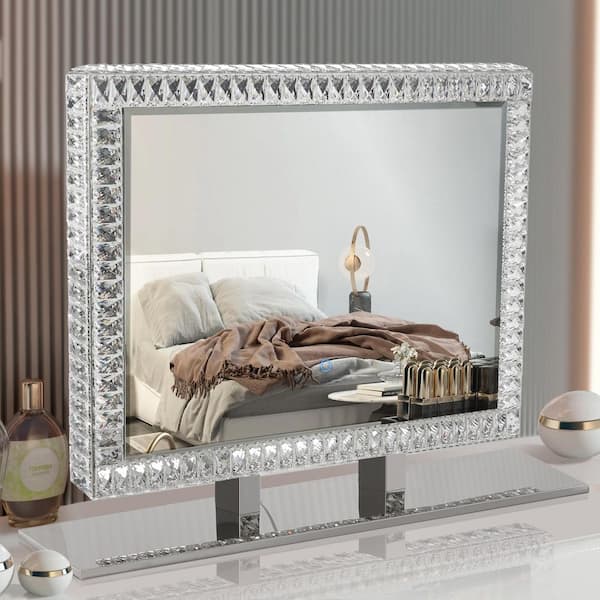 35 in. W x 28 in. H Rectangular Framed Beveled Edge 3 colors Dimmable LED 198 Crystals Tabletop Bathroom Vanity Mirror