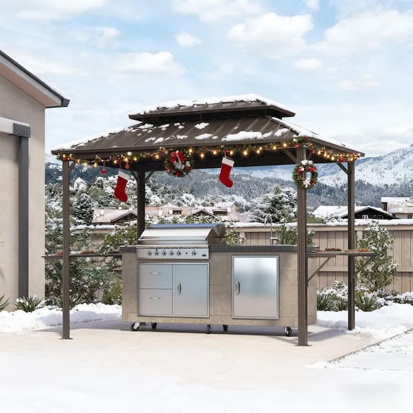 6.5 ft. x 10 ft. Hardtop Grill Gazebo for Patio Aluminum Barbecue Shelter Gazebo w/Hooks and Shelves Double Tiered Brown