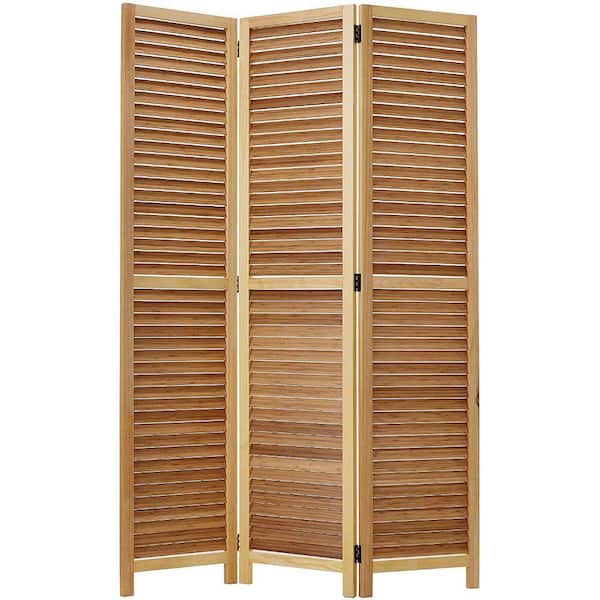 Benjara Natural Brown Wooden 3-Panel Shutter Screen with Bamboo Slats