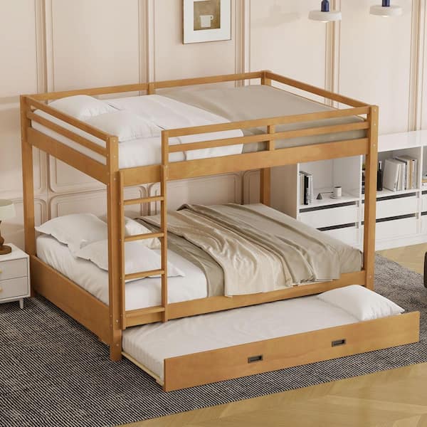 Wood Color Queen Size Bunk Bed with Ladder and Trundle