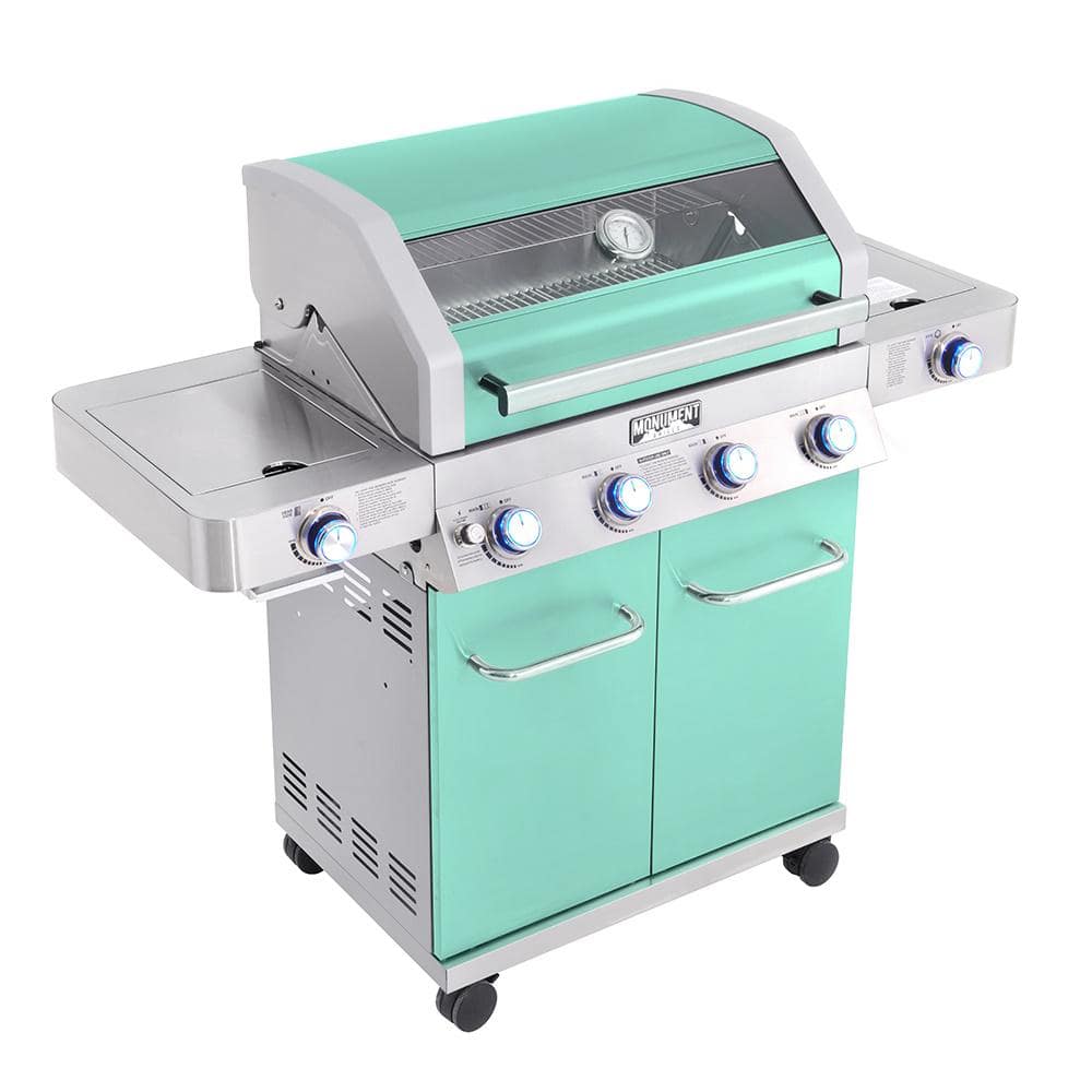 Green Stainless Steel 4-Burner Propane Gas Grill with Side Burner