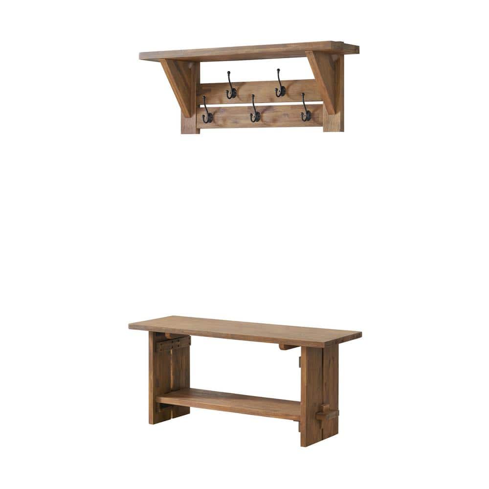 Bethel Acacia Wood 40W Bench and Coat Hook with Shelf