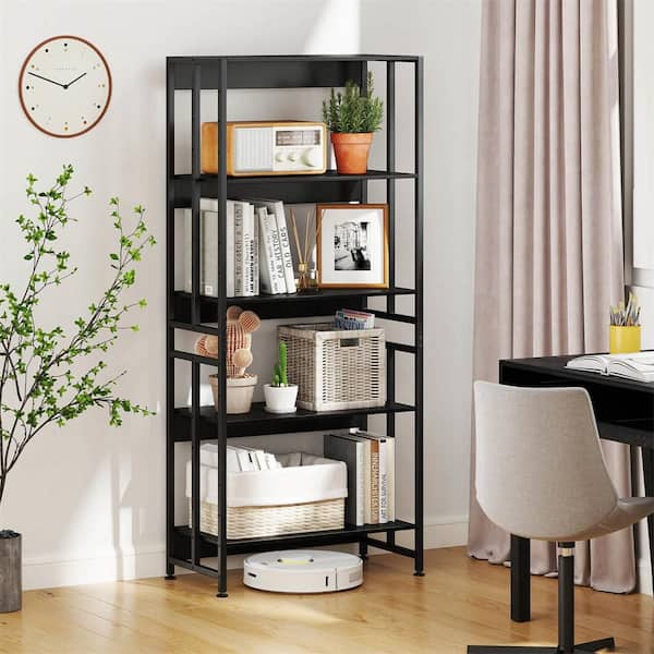 1-Piece 5-Tier Bookshelf 62 in. Tall Black Wood Bookcase with Tiltable Shelves Display Storage Rack