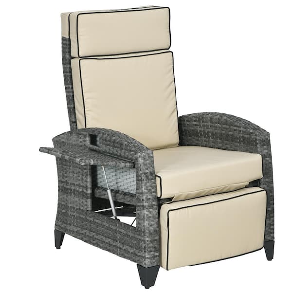 Outsunny Khaki Wicker Outdoor Recliner with Khaki Cushions