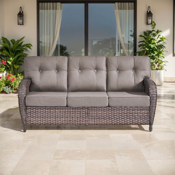 TWrap Brown Wicker Outdoor 3-Seat Couch with T-Shaped Back and 5 in. Thick Gray Box-Edge Cushions