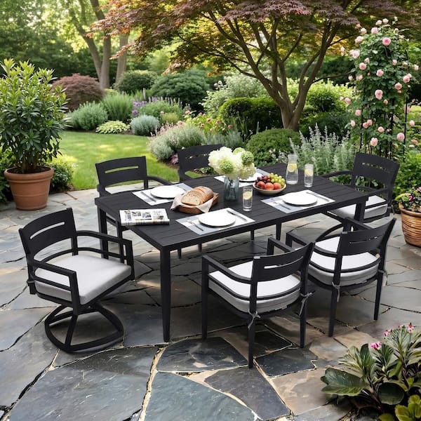 sunbrella ガーデン　ダイニング7点セット 7-Piece Aluminum Outdoor Dining Set with Sunbrella Gray Cushions