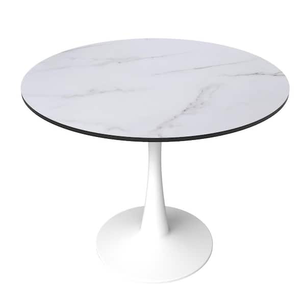 Leisuremod Bristol Marbled White Round MDF Wood 32 in. Tabletop with Black Steel Pedestal Base Dining Table Seats 4