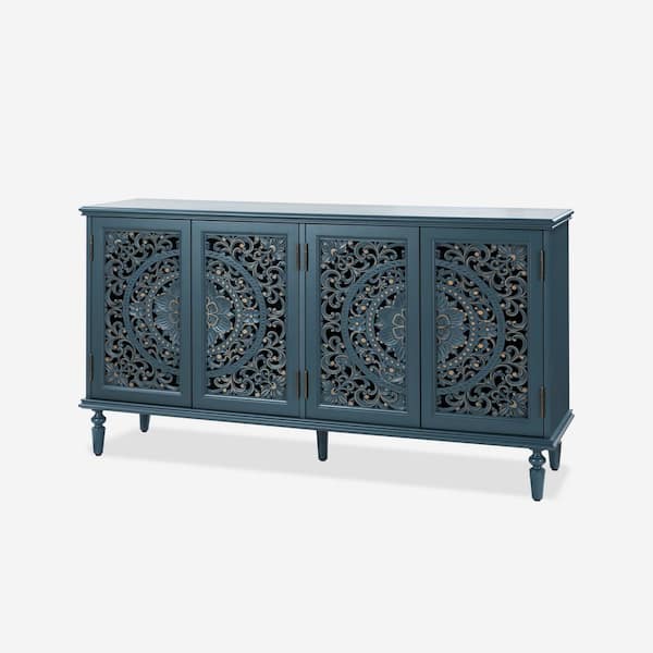 JAYDEN CREATION Herculaneum Blue Traditional Wooden 63 in. Wide Sideboard with 4-Doors and Adjustable Shelves