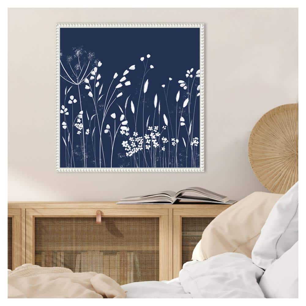 Indigo Flowers II White Floater Frame Canvas Wall Art