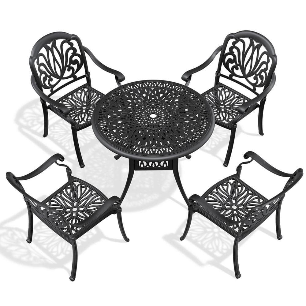 Black 5-Piece Cast Aluminum Patio Conversation Set with Black Frame and Ran