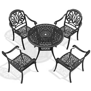 Black 5-Piece Cast Aluminum Patio Conversation Set with Black Frame and Random Solid Color Cushions