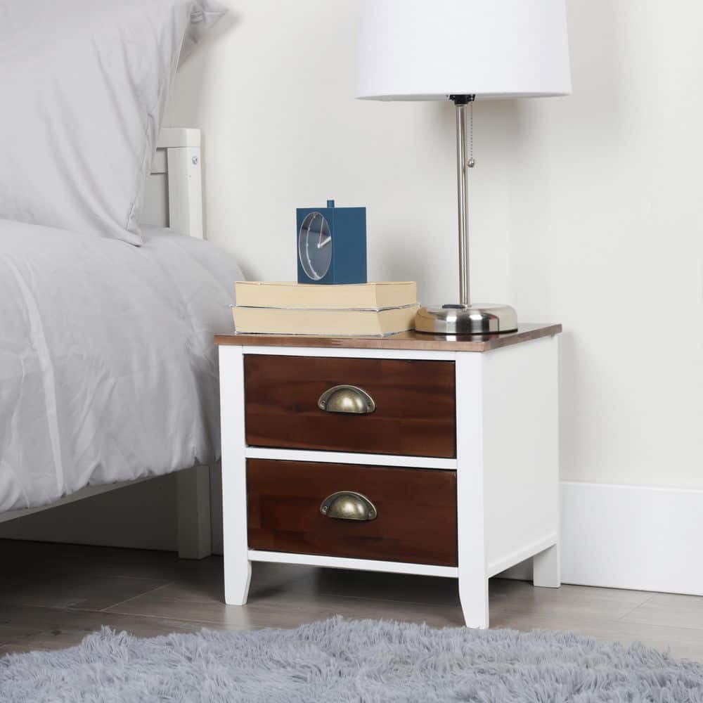 Compact White and Brown Wood 2-Drawer Nightstand