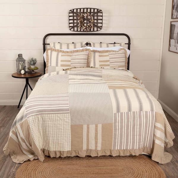 VHC BRANDS Grace Creme Nickel Grey Tan Mauve Farmhouse Patchwork Twin Cotton Quilt