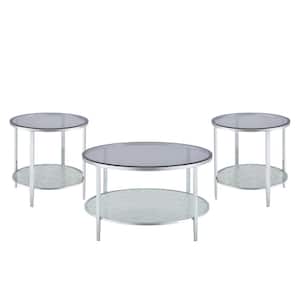 Frostine 32 in. Chrome and Round Smokey Glass Top Round Coffee Table with 2-End Tables