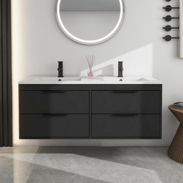 48 in. W x 18.1 in. D x 18.1 in. H 2-Sink Bath Vanity in Black with White Resin Top and Drain Faucet Set