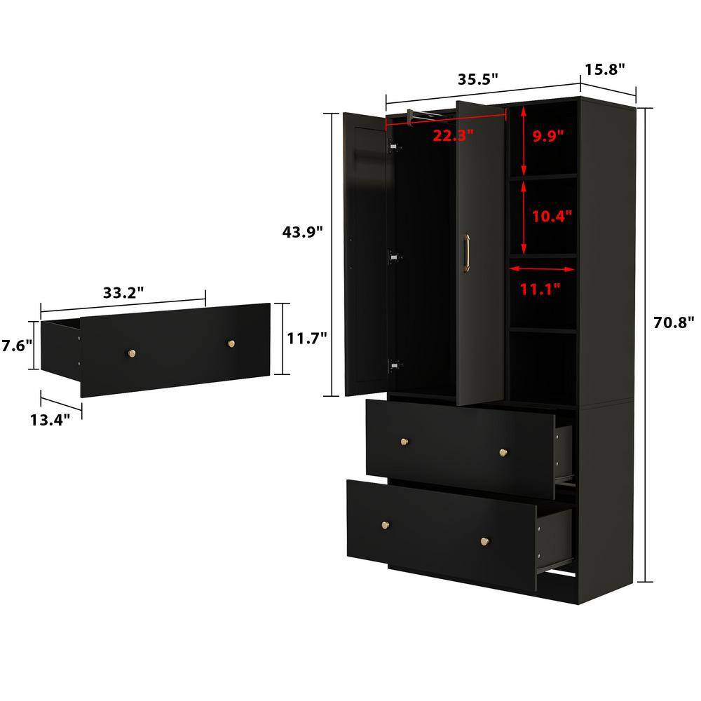 White Wood 35.5 in. W Armoires Wardrobe With Mirror, Pulling Hanging Rod, Drawers, Shelves 15.8 in. D x 70.8 in. H - thumbnail 9