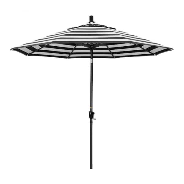 California Umbrella 9 ft. Stone Black Aluminum Push Button Tilt Crank Lift Market Patio Umbrella in Cabana Classic Sunbrella