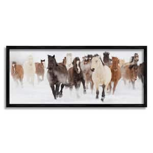 Wild Horses Herd Foggy Winter Day Running Snow Painting by Danita Delimont Framed Animal Art Print 24 in. x 10 in.