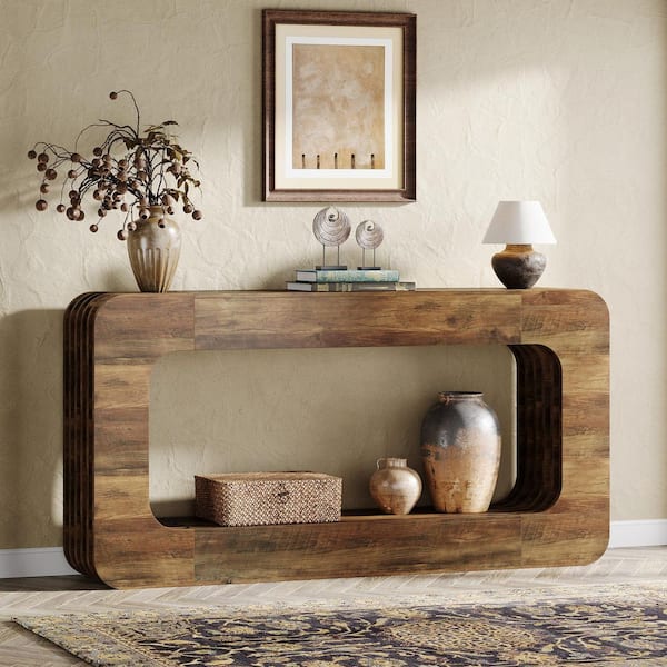 BYBLIGHT Turrella 63 in. Rustic Brown Rectangle Wood Console Table, Farmhouse Entryway Table