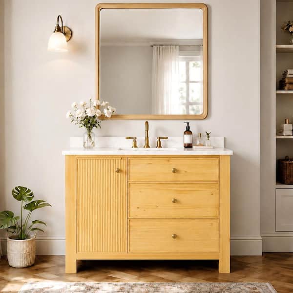 42 in. Single Sink Freestanding Light Natural Bath Vanity with White Engineered Stone Top and Backsplash Assembled