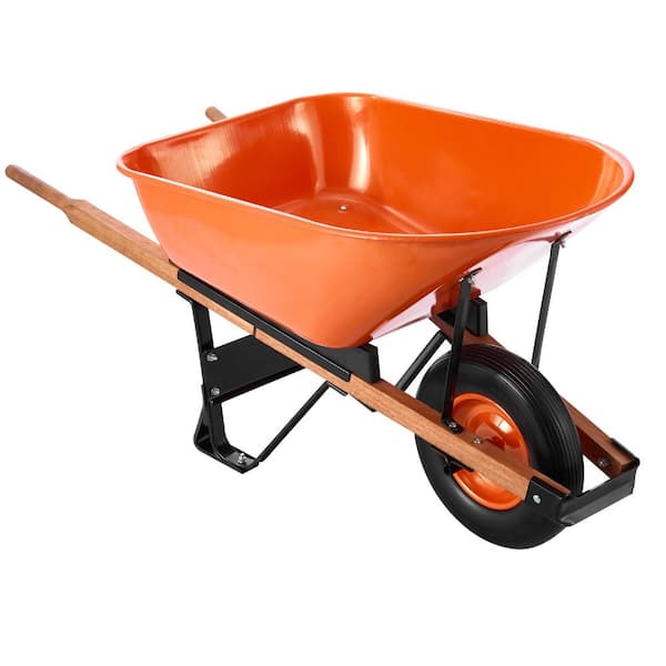 Wheelbarrow Cart 6 cu ft 330 lb Capacity 16 in PU Flat-Free Tire Iron Tray Wood Handle Garden Yard Farm