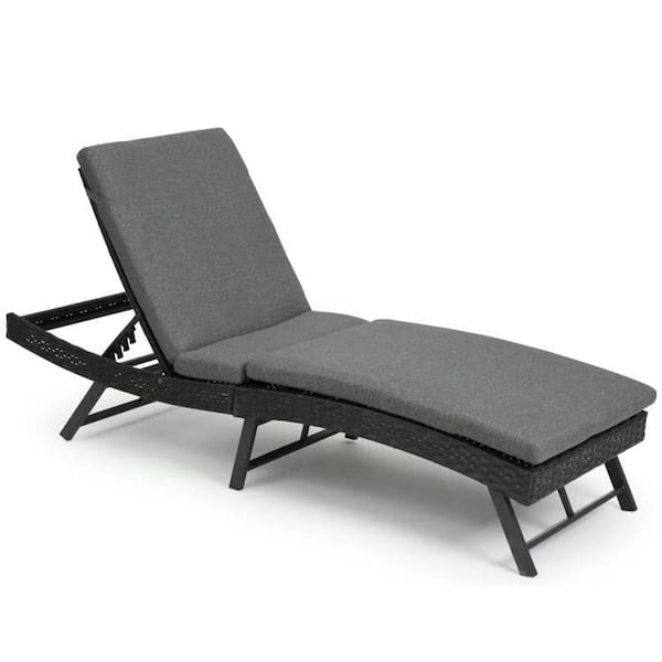 SOTEN RUGGED TABLET LLC Metal Outdoor Chaise Lounge with Folding Table, Adjustable Back Folding Lounge Sets, Woven Wicker, Gray Cushions