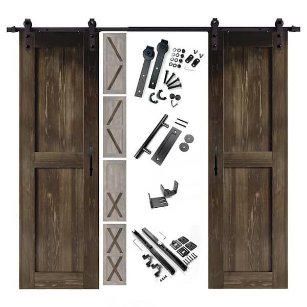HOMACER 20 in. x 80 in. 5 in. 1 Design Ebony Double Pine Wood Interior Sliding Barn Door Hardware Kit, Non-Bypass