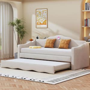 Beige Twin Size Upholstered Daybed with Wave-Shaped Trundle