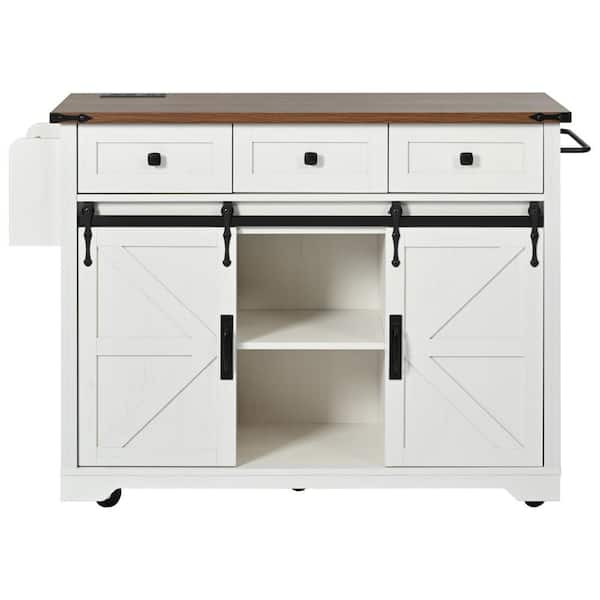 Cesicia White Farmhouse Wood 53.75 in. Kitchen Island on 5 Wheels with Drop Leaf, 2 Sliding Barn Door and Spice Rack