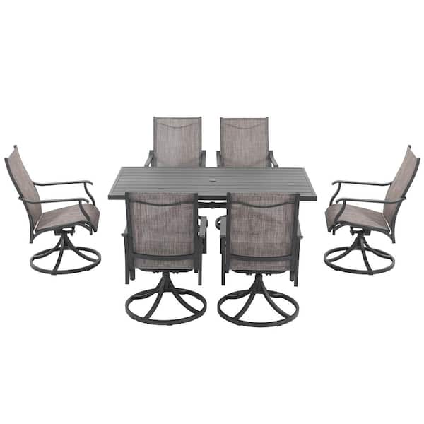 Brown 7-Piece Aluminum Patio Dining Set with Umbrella Hole Rectangle Outdoor Dining Set with Swivel Dining Chairs