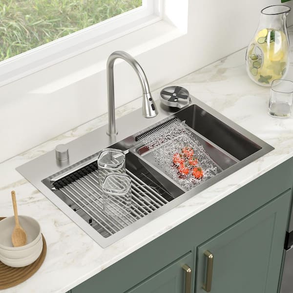 31 in. Drop-In Single Bowl 16-Gauge Stainless Steel Workstation Kitchen Sink with Faucet and Cup Washer