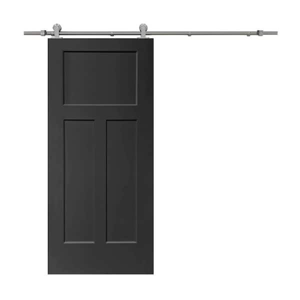 CALHOME 30 in. x 80 in. Black Stained Composite MDF 3-Panel Interior Sliding Barn Door with Hardware Kit