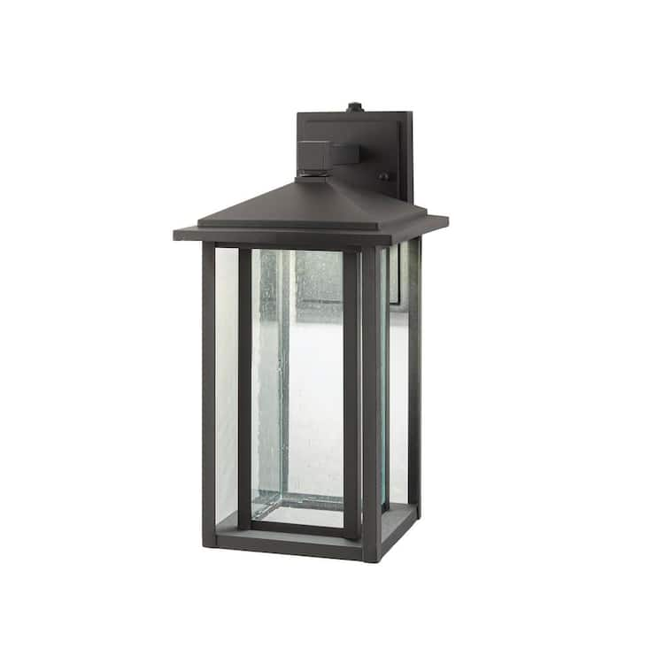 Home Decorators Collection Mauvo Canyon 15.5 in. Black Dusk to Dawn LED Outdoor Wall Light Fixture Sconce with Seeded Glass