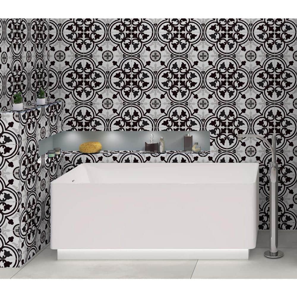 Bliss 8" Black and White Porcelain Patterned Tile