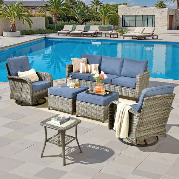 Elysia Gray 6-Piece Wicker Outdoor Sectional Patio Conversation Set with Denim Blue Cushions Rocking Chairs and Ottomans