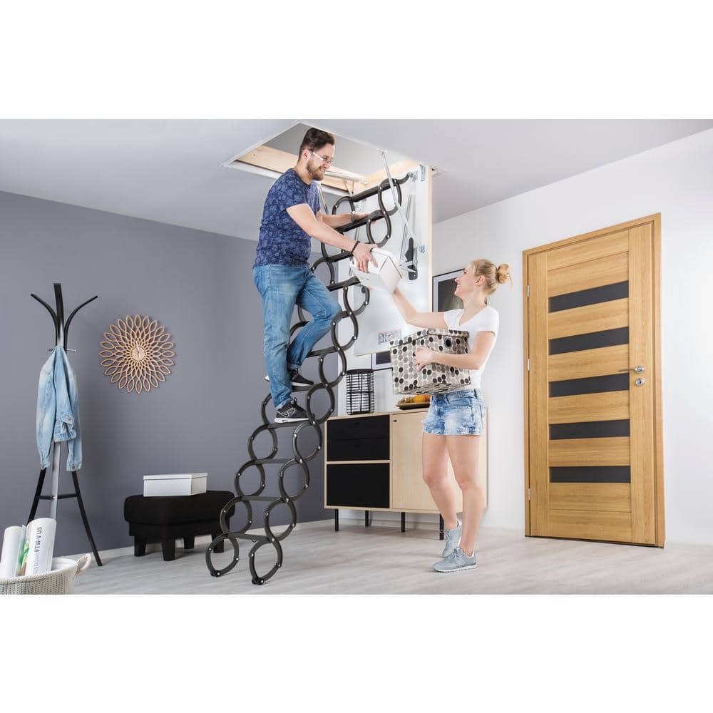 Heavy-Duty Black Steel Scissor Attic Ladder with Insulated Door