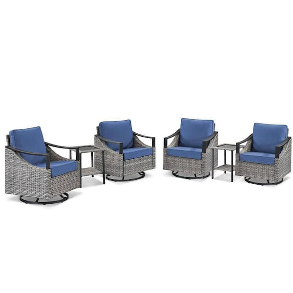 6-Piece Wicker Patio Conversation Set, Outdoor Swivel Chairs and Side Table with Blue Cushions