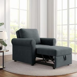 3-in-1 Dark Blue Linen Arm Chair, Convertible Sleeper Chair with Adjustable Backrest