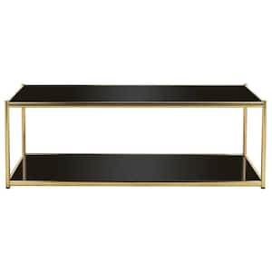 Zola 52 in. Gold/Black Large Rectangle Glass Coffee Table with Shelf