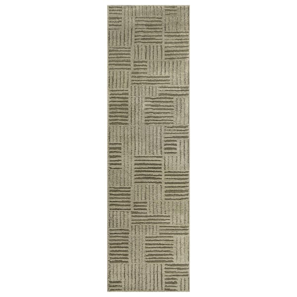 Basket Weave Power Loomed Soft Shag High-Low Indoor 2 ft. x 12 ft. Green Area Rug