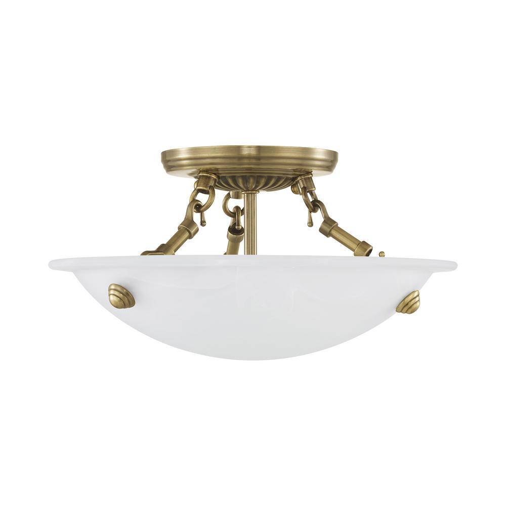 Antique Brass 3-Light Flush Mount with White Alabaster Glass